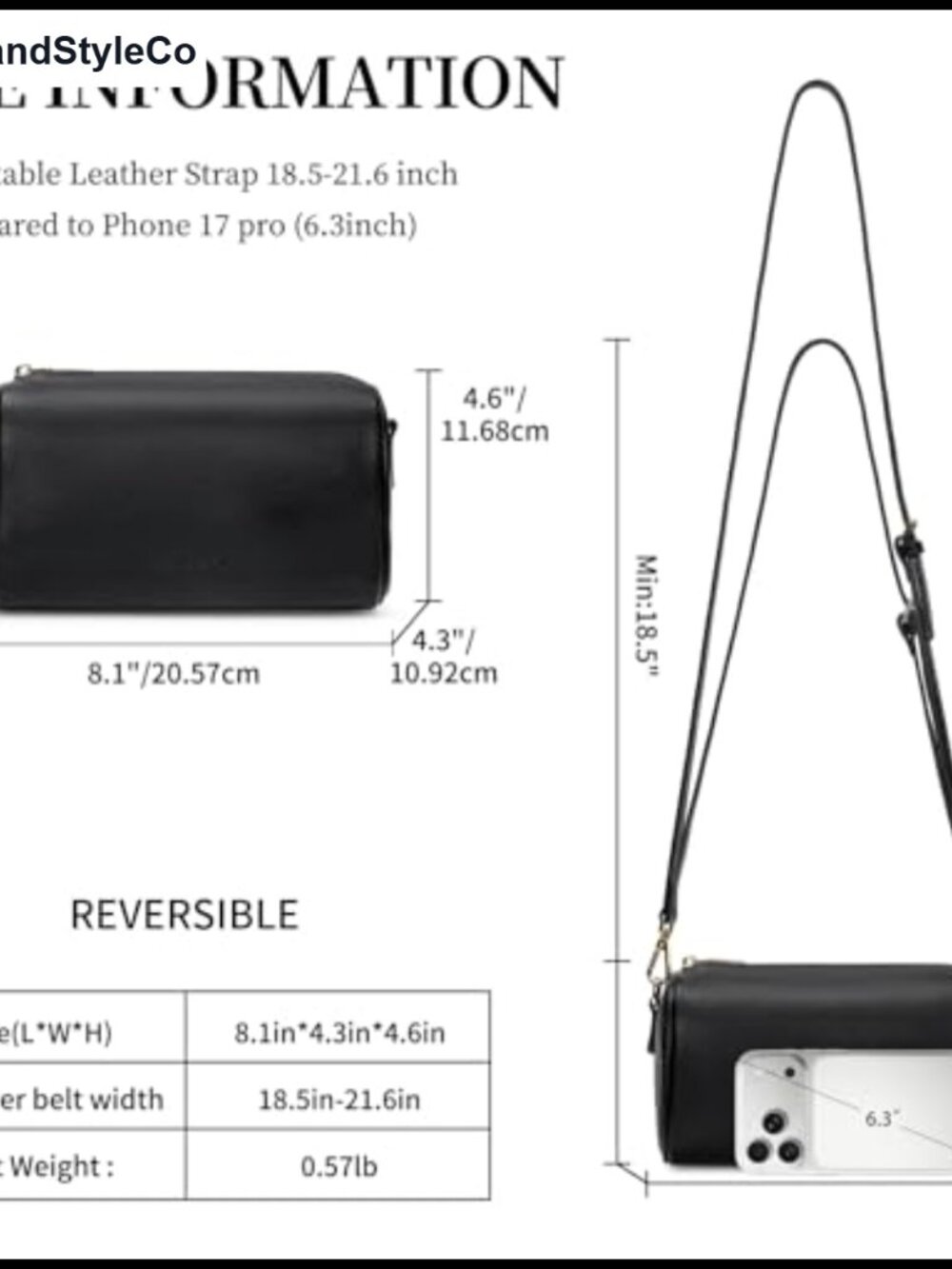 Vegan Leather Crossbody Barrel Bag Zip Cylinder Purse Adjustable Strap - Picture 4 of 5